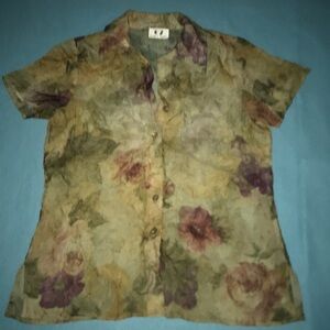 𝅺67 KAROL PLACE floral button up textured short sleeve blouse size 14